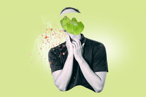 Illustration: Gummibärchen am Hals eines Mannes