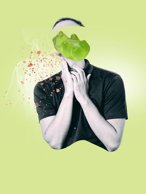 Illustration: Gummibärchen am Hals eines Mannes