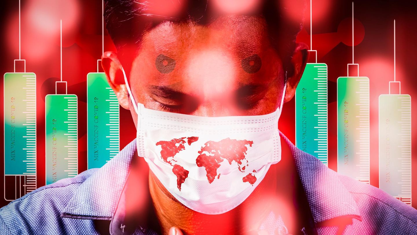 Symbolbild zum Austritt der USA aus der WHO: junger Mann mit Maske vor Spritzenkollage