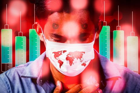 Symbolbild zum Austritt der USA aus der WHO: junger Mann mit Maske vor Spritzenkollage