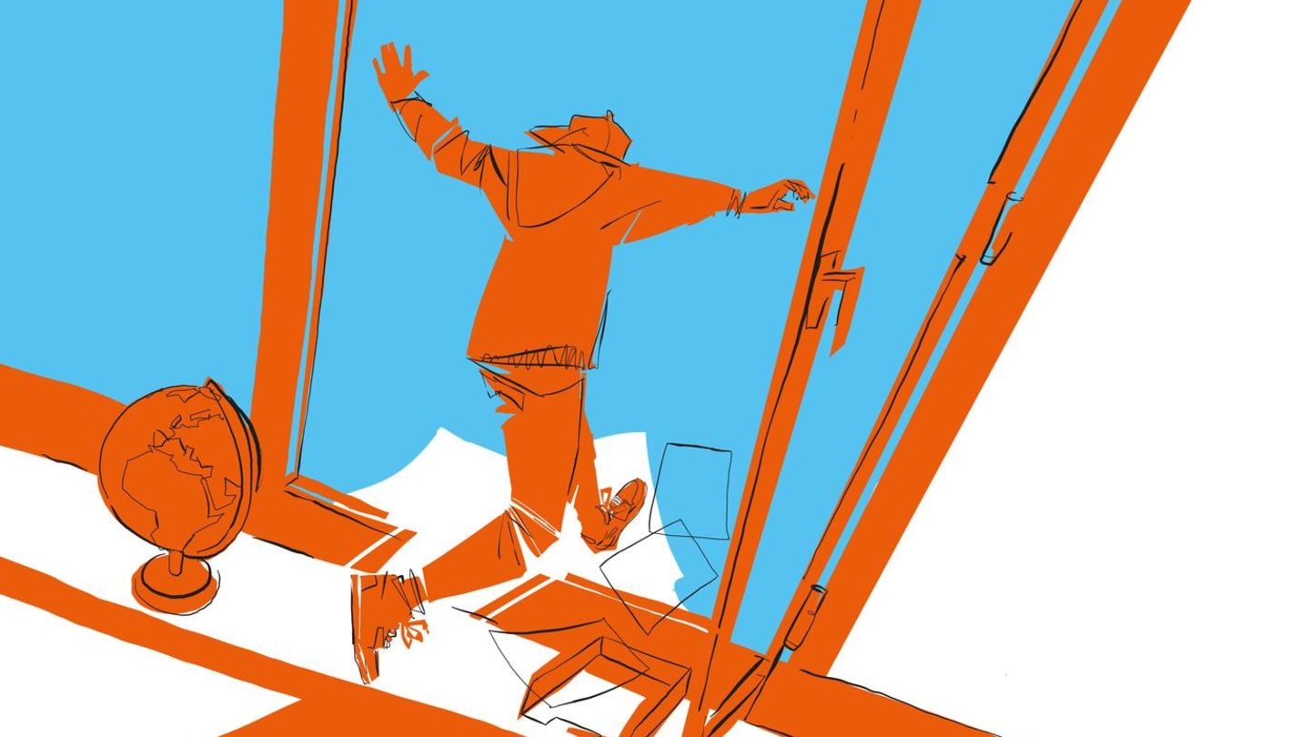 Theo springt in der Schule aus dem Fenster (Zeichnung)