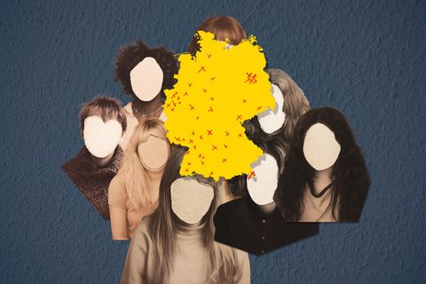 Montage: Deutschlandkarte mit anonymen Gesichtern im Hintergrund