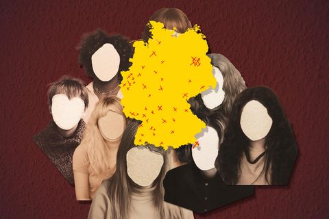Montage: Deutschlandkarte mit anonymen Gesichtern im Hintergrund