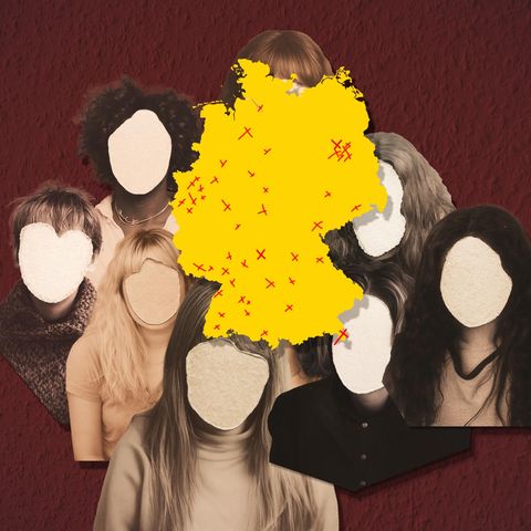 Montage: Deutschlandkarte mit anonymen Gesichtern im Hintergrund