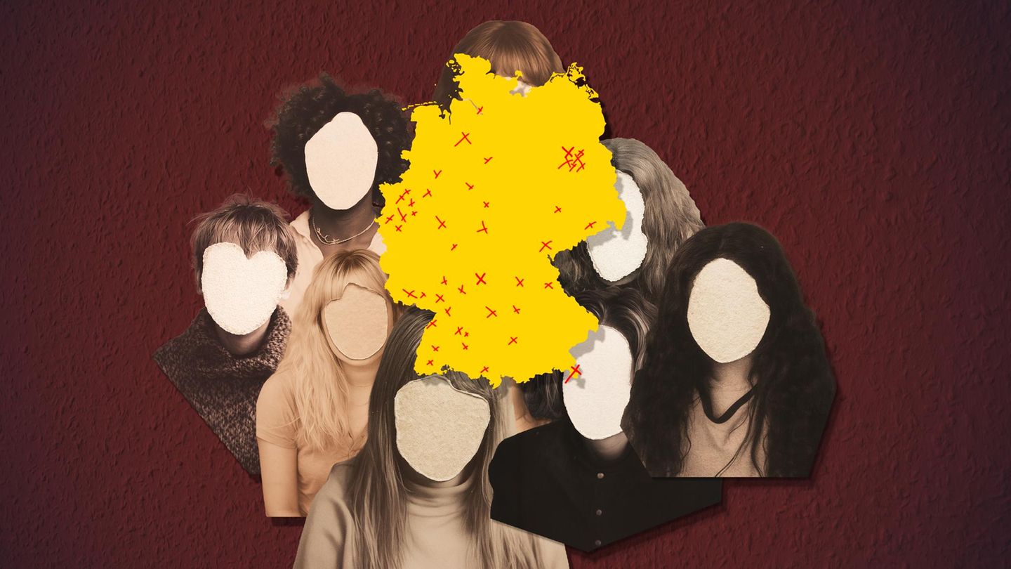 Montage: Deutschlandkarte mit anonymen Gesichtern im Hintergrund