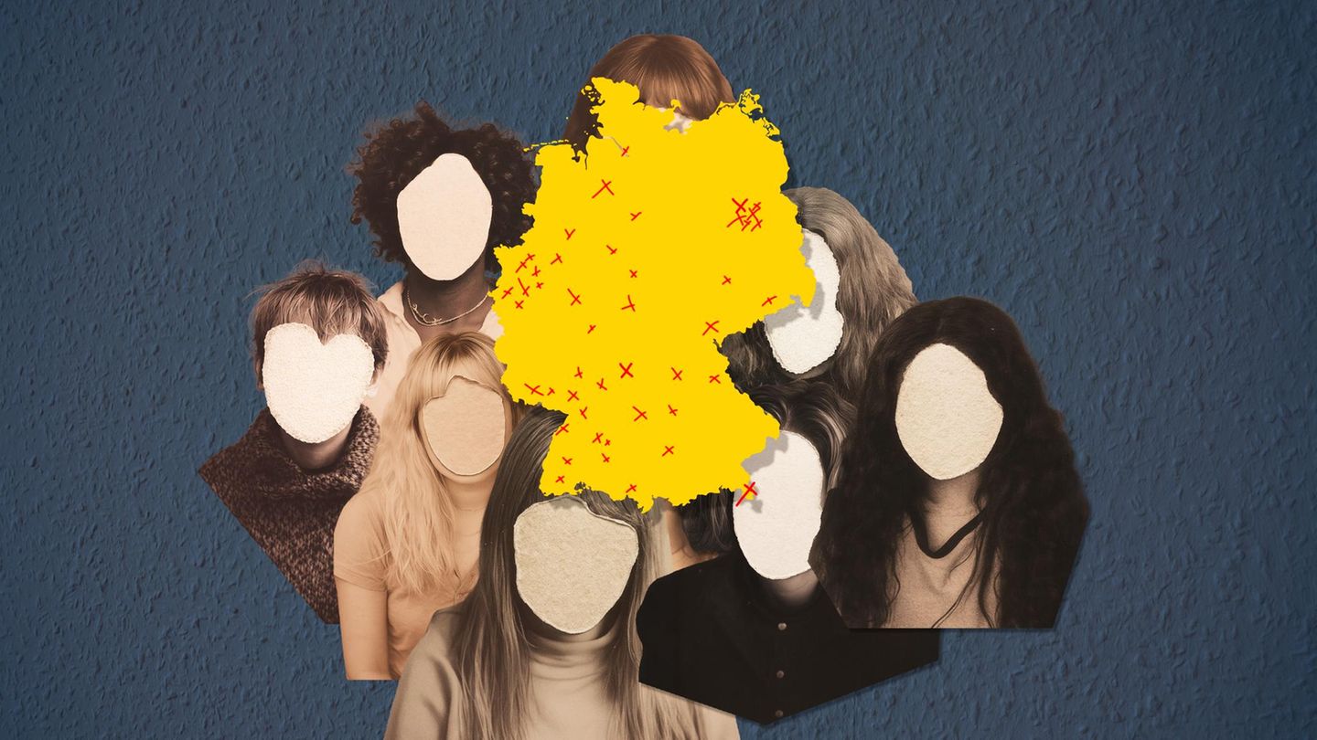 Montage: Deutschlandkarte mit anonymen Gesichtern im Hintergrund