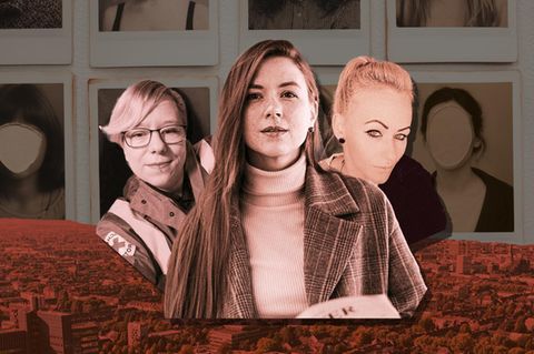 Montage: Polaroidoptik im Hintergrund mit Gesichtern der Verstorbenen im Vordergrund