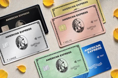 American Express Kreditkarten auf cremefarbenem Untergrund mit Sonnenblumenblättern
