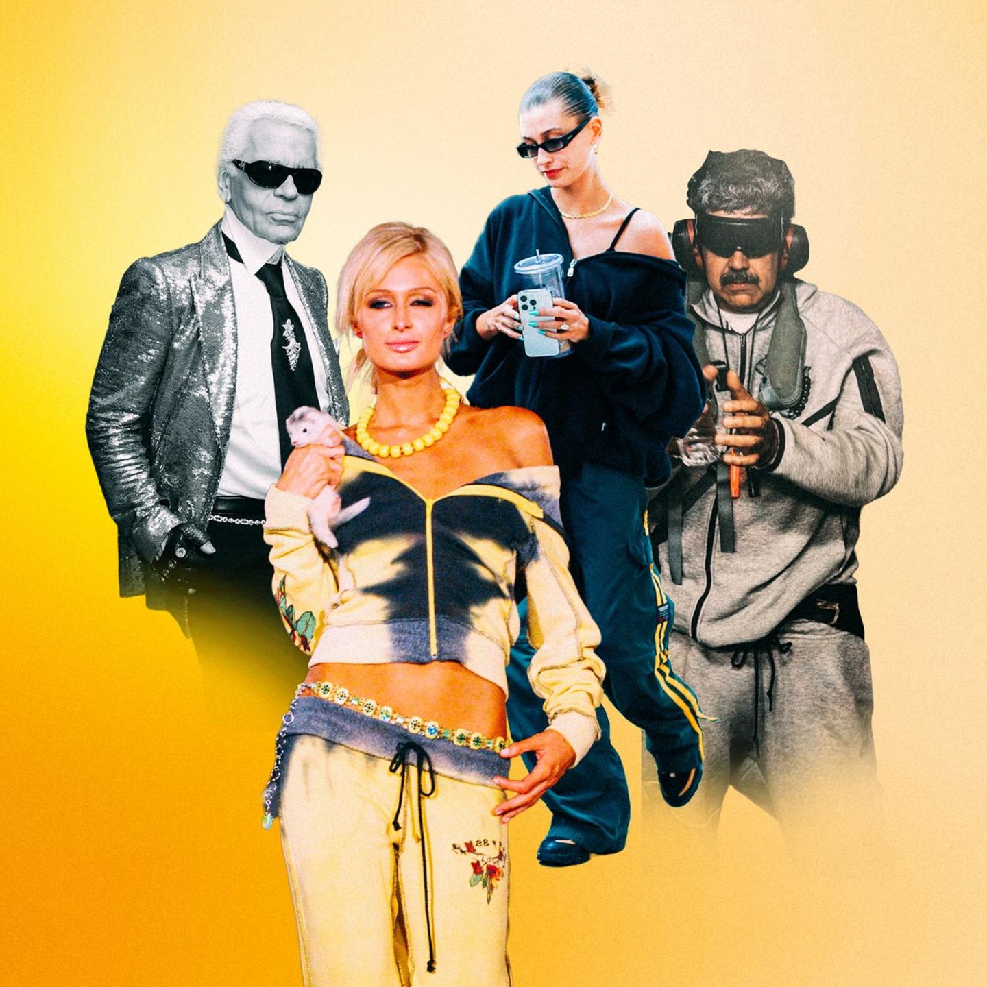 Jogginghose: Montage zeigt Karl Lagerfeld, Paris Hilton, Hailey Bieber und Nicolás Maduro