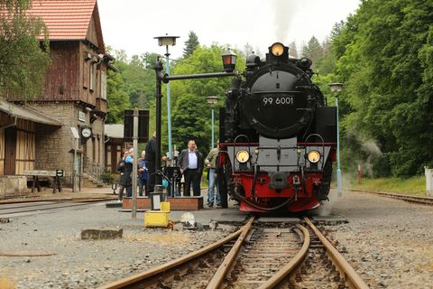 Am Bahnhof Alexisbad fahren Züge der Harzer Schmalspurbahnen vorbei. (Archivbild) Foto: Matthias Bein/dpa-Zentralbild/ZB