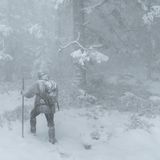 Wald Mann stapft durch Winterlandschaft