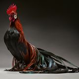 Ein Huhn mit rotem Kamm. Seine Schwanzfedern schimmern grün und sind sehr lang.