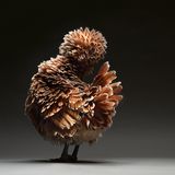 Ein braunes Huhn. Seine Federn sind an den Spitzen weiß. Das Gefieder ist aufgepflustert.