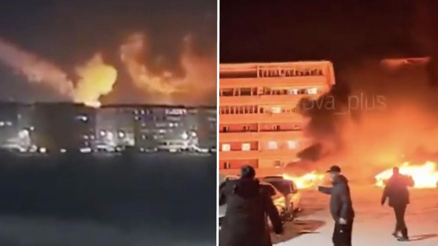 Ukrainekrieg-Fehlgeleitete-Rakete-Russische-Wohnh-user-gehen-in-Flammen-auf