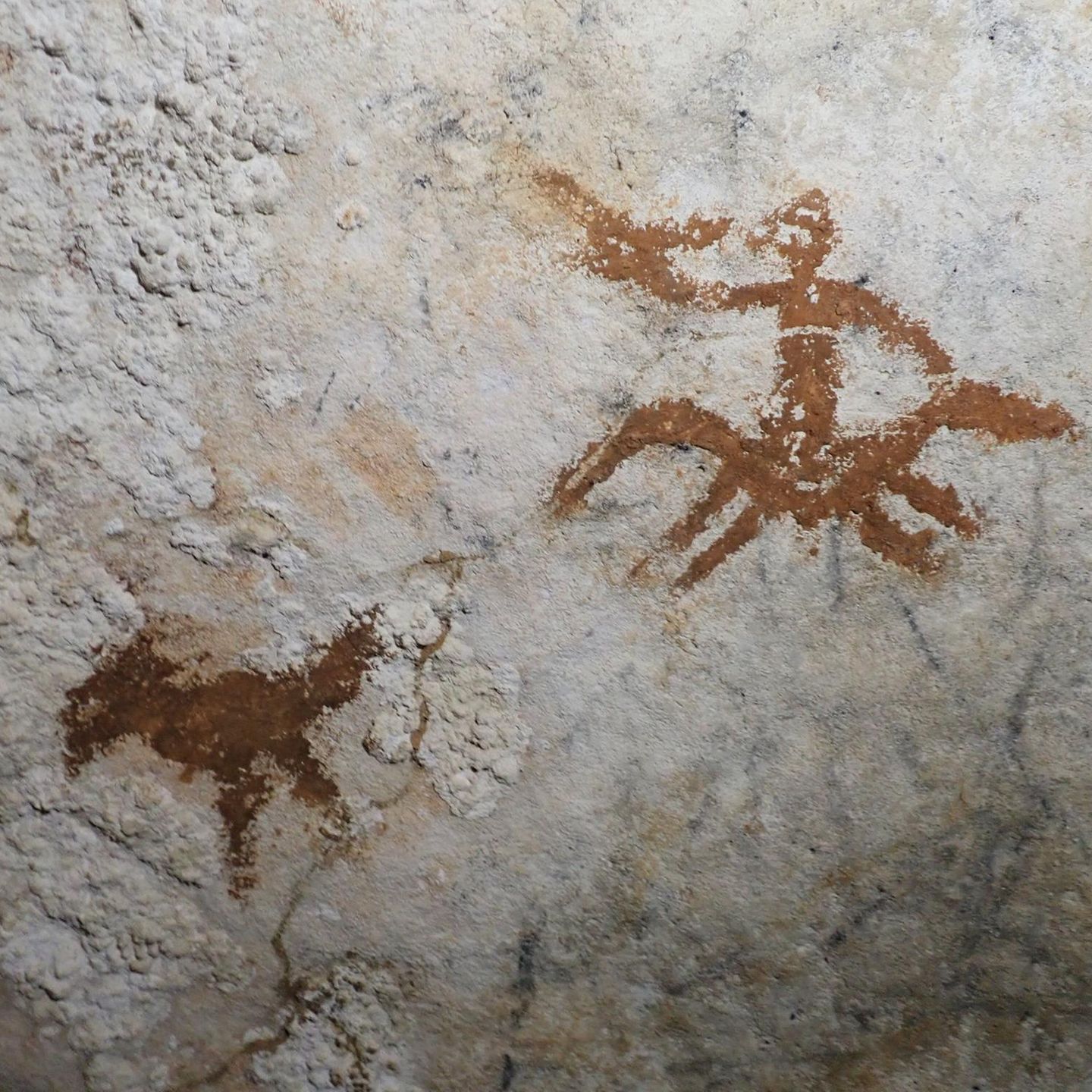 Höhlenmalerei und eine Hand-Schablone in einer Höhle auf Sulawesi