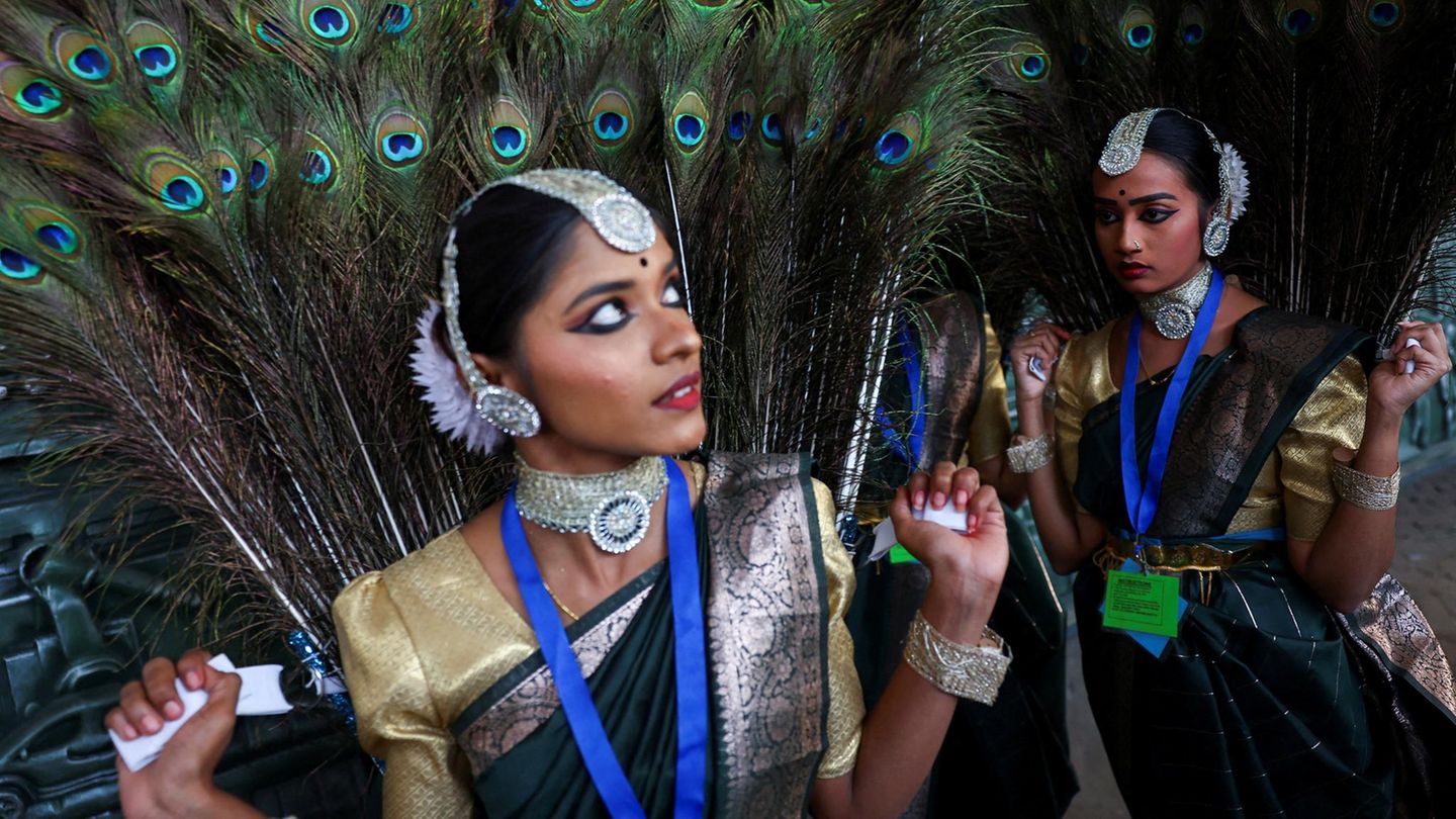 Neu Delhi, Indien. Noch ist es nur eine Probe für die Parade am Tag der Republik. Erst am 26. Januar wird es also ernst. Schön wie Pfauen sind die Frauen aber in ihren Kostümen trotzdem schon 