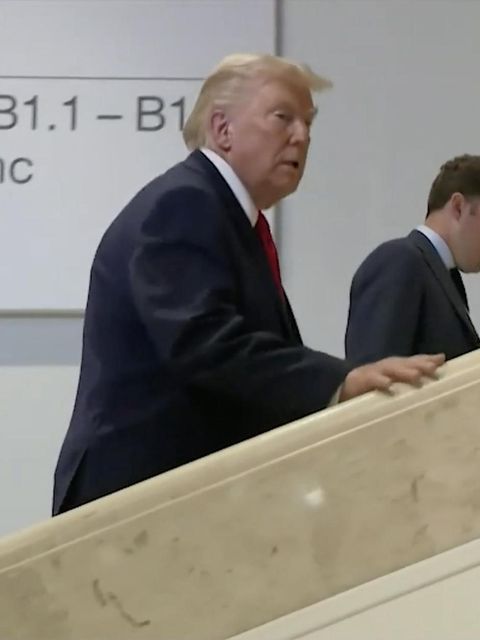 Donald Trump auf einer Treppe.