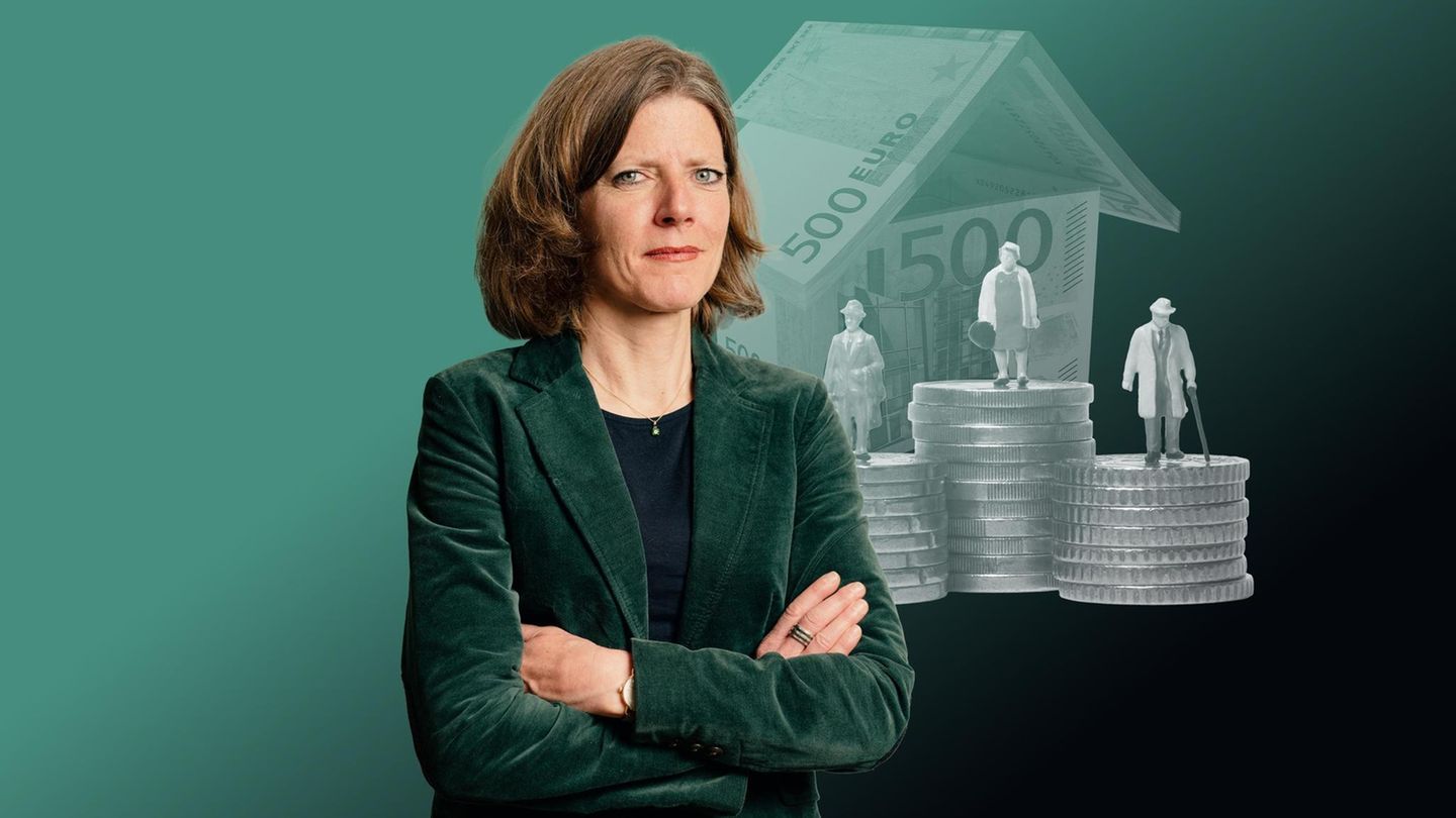 Nadine Oberhuber steht freigestellt vor einer Illustration zu den Kosten von Pflegeheimen