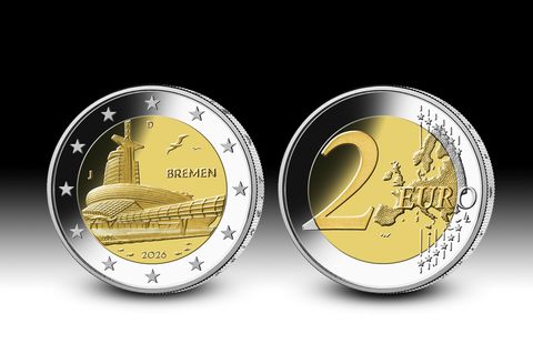 Eine Zwei-Euro-Münze zeigt ein Wahrzeichen aus dem Bundesland Bremen - das Klimahaus Bremerhaven. (Handout) Foto: Hans-Jürgen Fu
