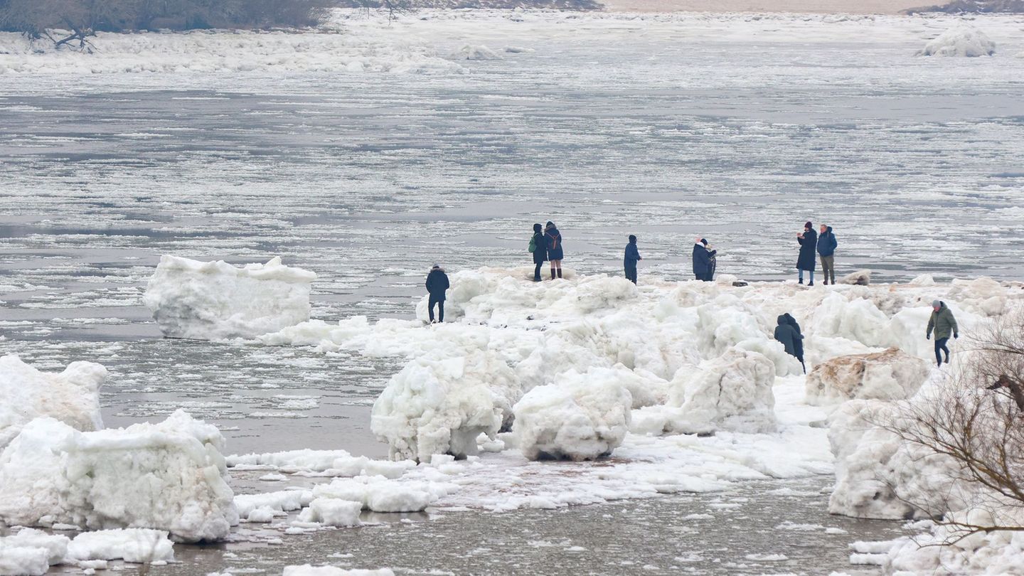 Seit Tagen ziehen die Eisberge bei Geesthacht zahlreiche Besucher an. Foto: Bodo Marks/dpa