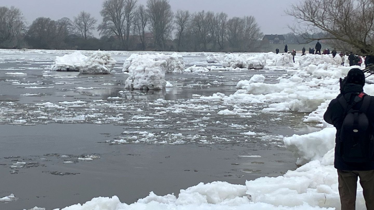 Schaulustige gucken sich die Eisschollen auf der Elbe an. Foto: Benjamin Haller/dpa