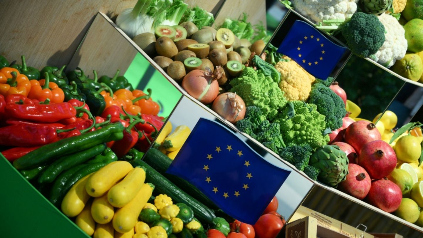 Kisten mit Obst und Gemüse auf der Grünen Woche