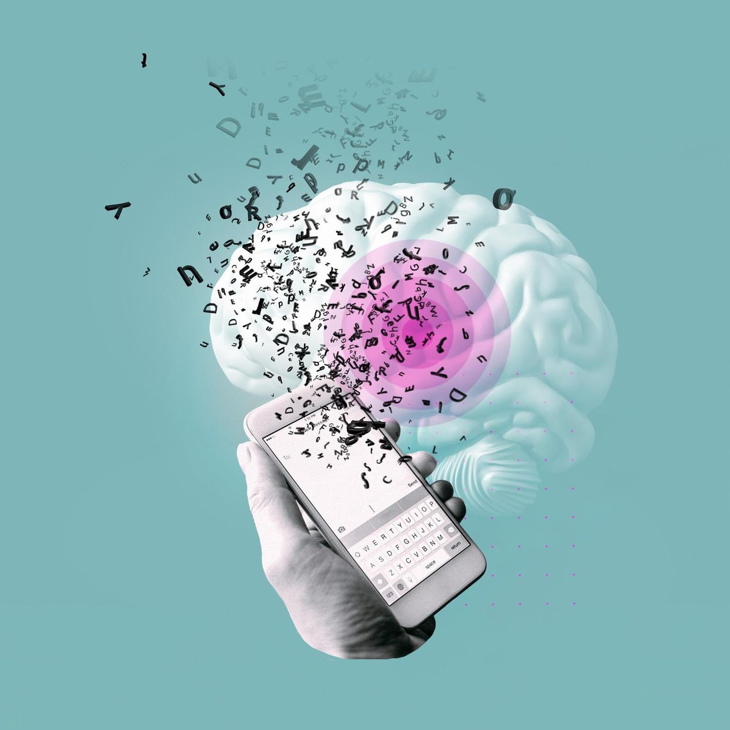 Illustration mit Gehirn, Buchstaben und Handy, rotes Zeichen für Fieber