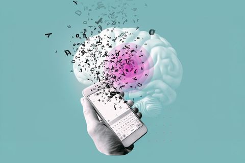 Illustration mit Gehirn, Buchstaben und Handy, rotes Zeichen für Fieber