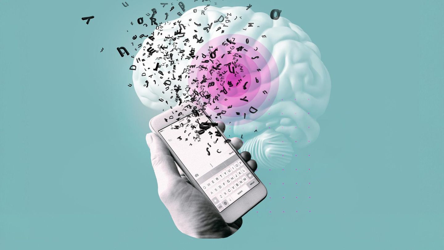 Illustration mit Gehirn, Buchstaben und Handy, rotes Zeichen für Fieber