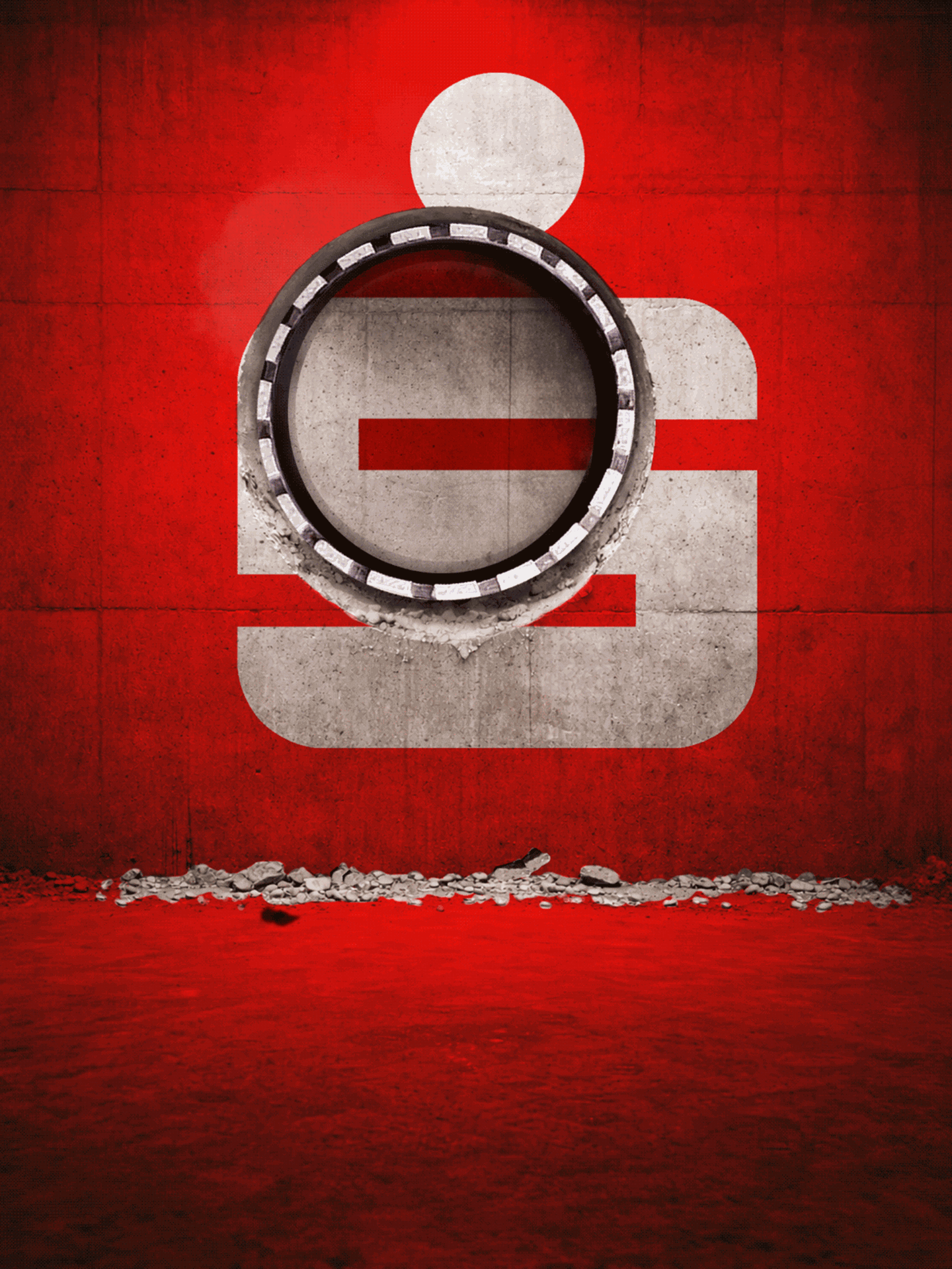 Bankraub: Eine Animation einer Wand mit einem Sparkassen-Logo, bei dem sich ein Bohrer durch die Wand bohrt