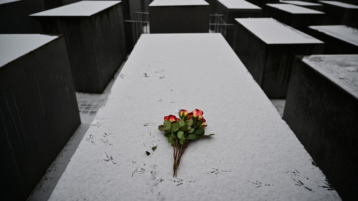 Berlin, Deutschland. Ein Strauß Rosen liegt anlässlich des Internationalen Tags des Gedenkens an die Opfer des Holocaust auf einer Stele des Denkmals für die ermordeten Juden Europas. Am 27. Januar 1945 befreiten Soldaten der Roten Armee das Konzentrations- und Vernichtungslager Auschwitz. Zwischen 1940 und 1945 ermordete das NS-Regime hier mehr als eine Million Menschen. Bis heute gilt das Lager als Inbegriff des nationalsozialistischen Rassenwahns