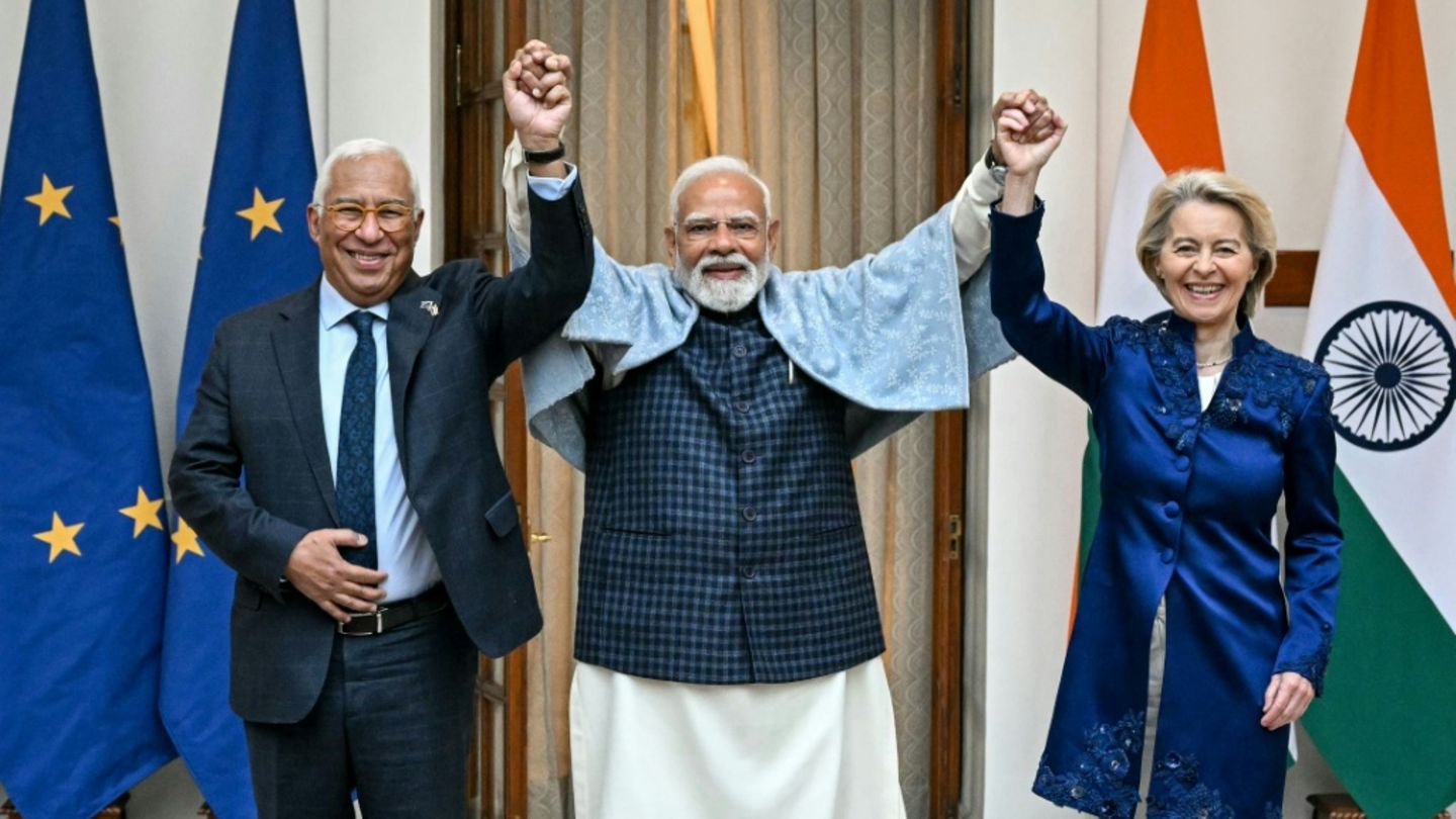 António Costa, Narendra Modi und Ursula von der Leyen in Neu Delhi