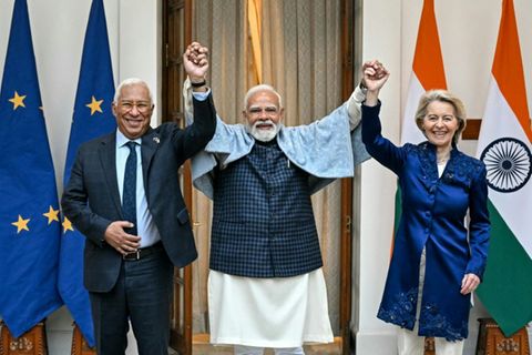 António Costa, Narendra Modi und Ursula von der Leyen in Neu Delhi