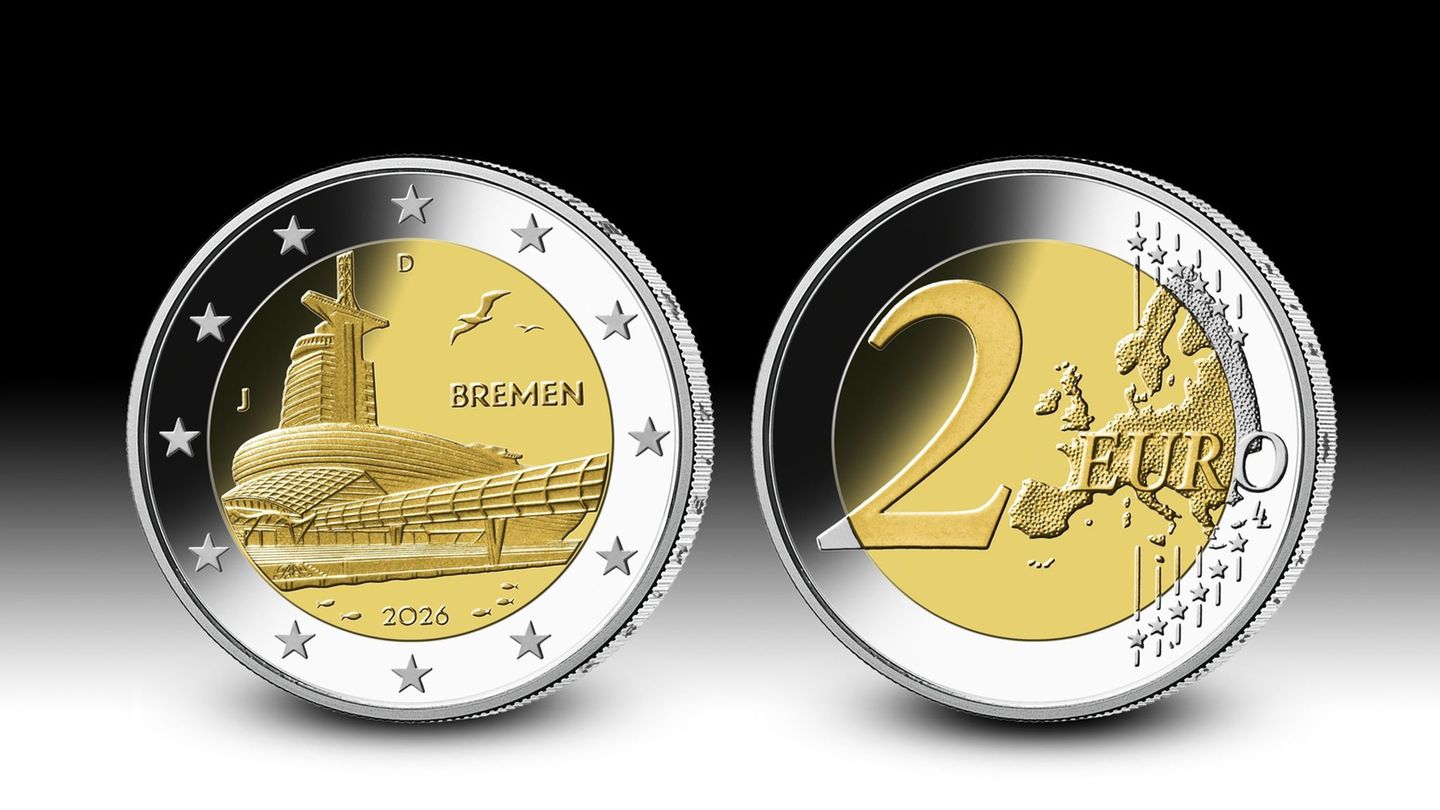 Auf einer neuen Zwei-Euro-Gedenkmünze ist das Klimahaus Bremerhaven zu sehen. (Handout) Foto: Hans-Jürgen Fuchs/Deutsche Bundesb