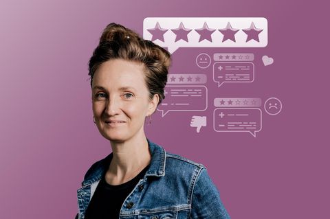 Montage zeigt Helen Bömelburg vor Bewertungssymbolen