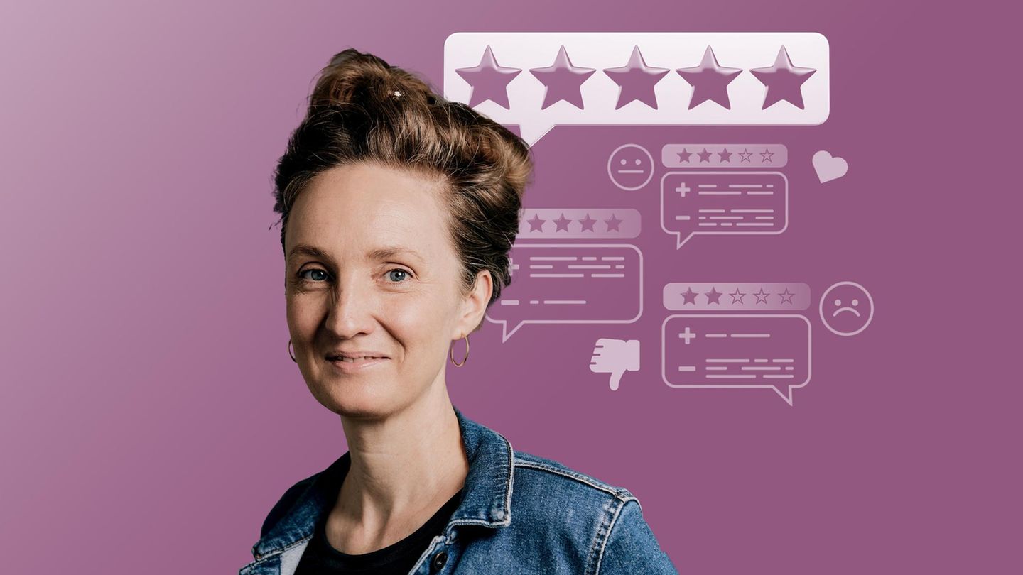 Montage zeigt Helen Bömelburg vor Bewertungssymbolen