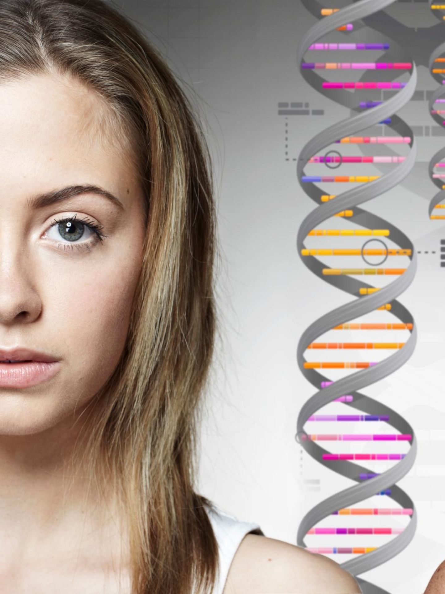 Langlebigkeit: Symbolbild, links junge Frau, in der Mitte DNA-Doppelhelix, rechts alte Frau