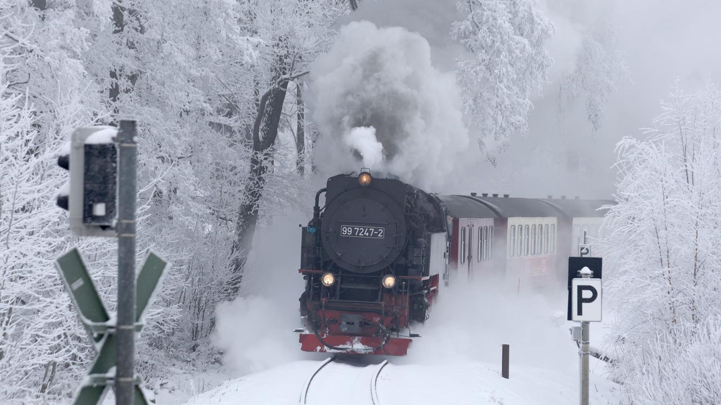 Drei-Annen-Hohne, Deutschland. Schneechaos bei der Bahn? Nicht in Sachsen-Anhalt! Ein Zug der Harzer Schmalspurbahnen dampft sich seinen Weg durch die verschneiten Landschaften