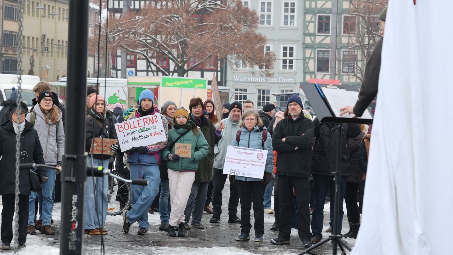 Etwa 100 Menschen haben in Erfurt für ein Verbot von privatem Silvesterfeuerwerk demonstriert. Foto: Bodo Schackow/dpa