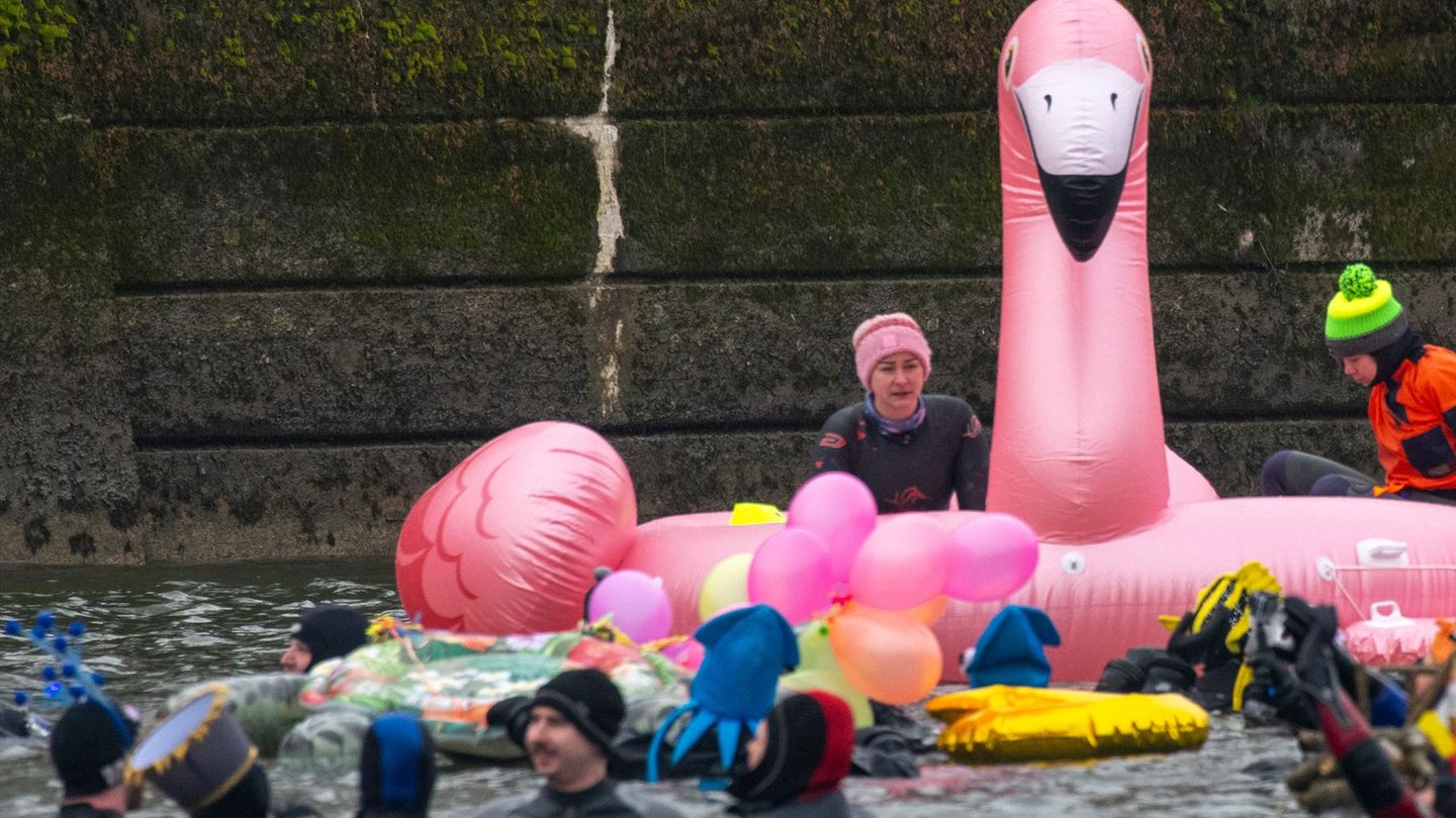 Teils bunt kostümiert schwimmen in und auf der eiskalten Donau Rettungsschwimmer. Foto: Stefan Puchner/dpa