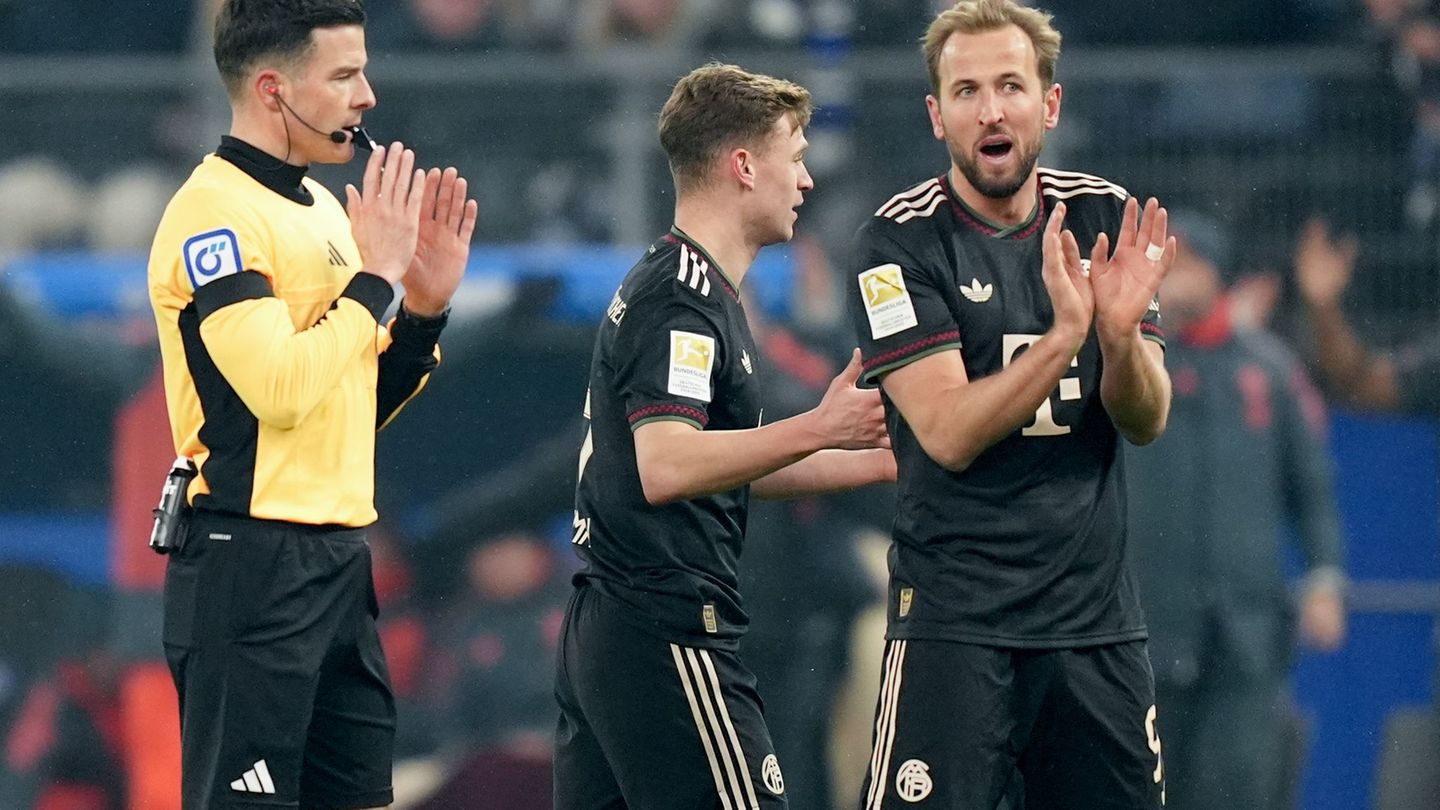 Schiedsrichter Harm Osmers und die Bayern-Profis Harry Kane (l) und Joshua Kimmich. Foto: Marcus Brandt/dpa