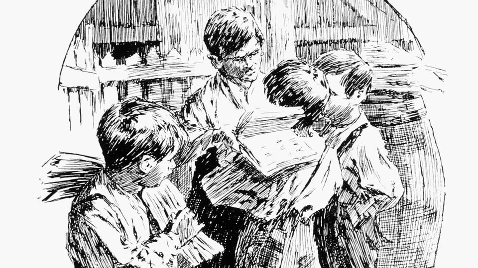 Federzeichnung von Zeitungsjungen in Edinburgh aus dem Jahr 1905