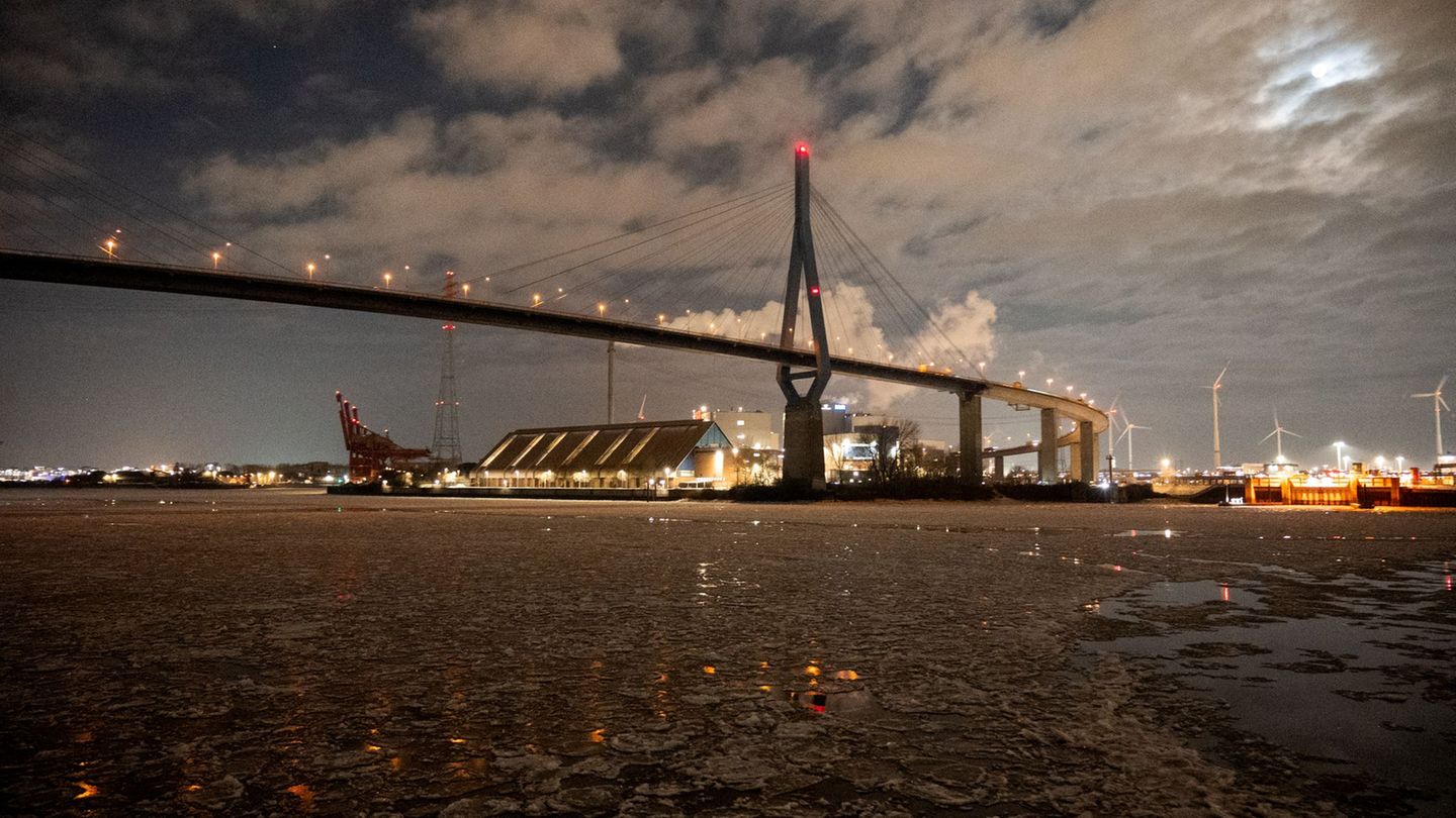 Die Eisschollen behindern die Hadag-Fähren im Hamburger Hafen. Foto: Daniel Bockwoldt/dpa