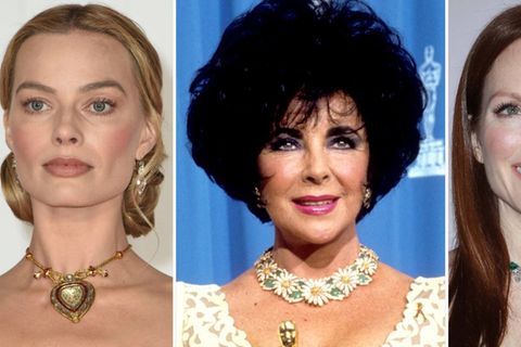 Elizabeth Taylors (M.) Schmuck schmückt noch heute Stars wie Margot Robbie (l.) und Julianne Moore.