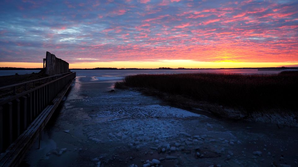 Blick auf die dänische Wiek: Am Ufer haben sich kleine weiße Eiswürfel aufgetürmt