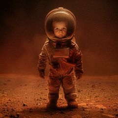 Ein Baby steht in einem Raumanzug auf dem Planeten Mars (KI-generiert)