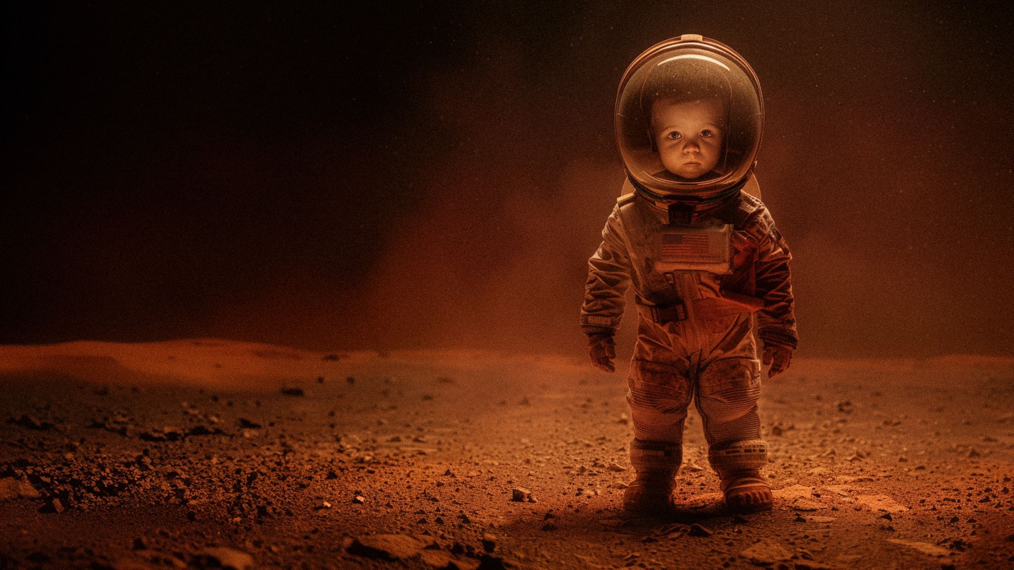 Ein Baby steht in einem Raumanzug auf dem Planeten Mars (KI-generiert)
