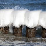 Auch die Buhnen – Dämme aus Holzpfählen in der Ostsee – sind von Eis bedeckt