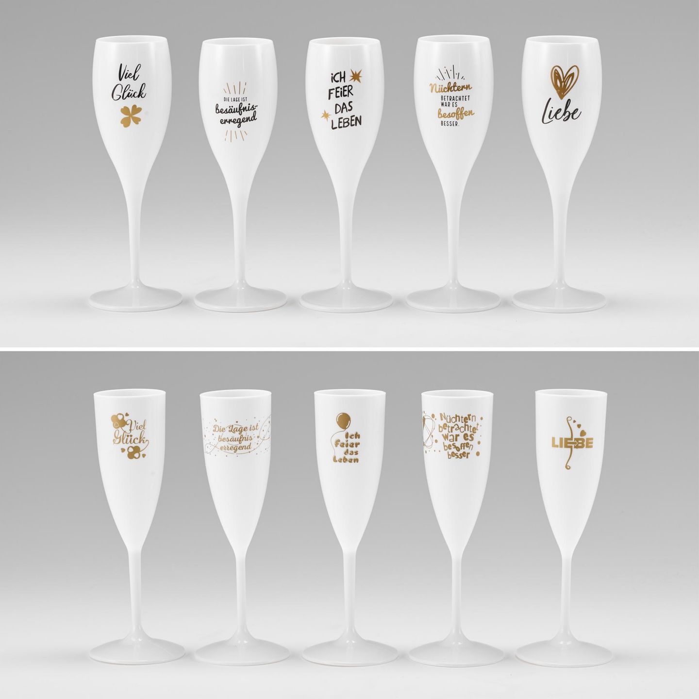 Bei Norma gab es 2021 Kunststoff-Sektgläser des deutschen Herstellers Koziol zu kaufen (oben). Eine erneute Kooperation scheiterte an unterschiedlichen Preisvorstellungen. Stattdessen verkaufte der Discounter kürzlich Nachahmungen aus Spanien - mit exakt denselben Sprüchen auf den Gläsern, aber in billig.