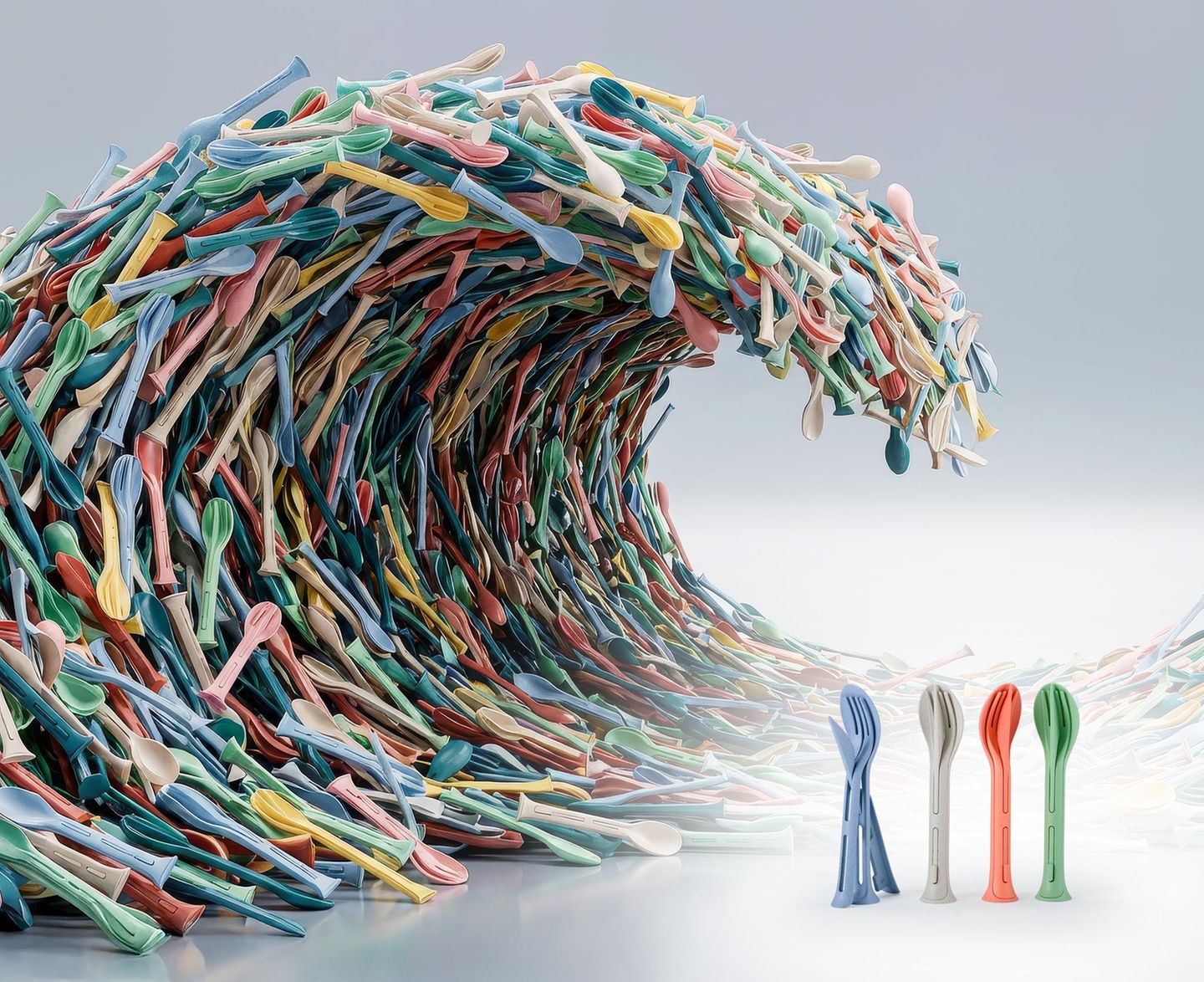 Mit einer ganzen Flut an Plagiaten sind die "Klikk"-Bestecksets der südhessischen Firma Koziol (vorne rechts) konfrontiert. Trotz Designschutz bieten verschiedene chinesische Hersteller die Billig-Nachahmungen immer wieder auf Plattformen wie Alibaba an. Die Plattform löscht zwar einzelne illegale Angebote auf Hinweis – doch ständig ploppen neue auf. Aus den Fotos der gefälschten Produkte ließ die Aktion Plagiarius von einer Bild-KI diese bedrohliche Welle erstellen.